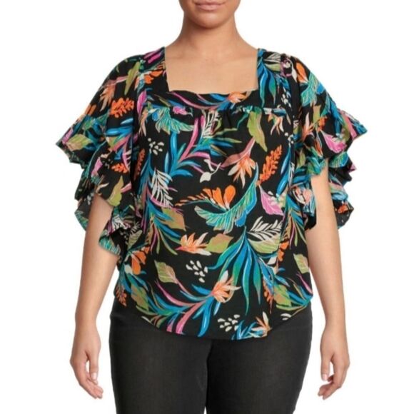 Terra & sky Women’s floral short flutter sleeves square neck top 3x - Picture 4 of 10